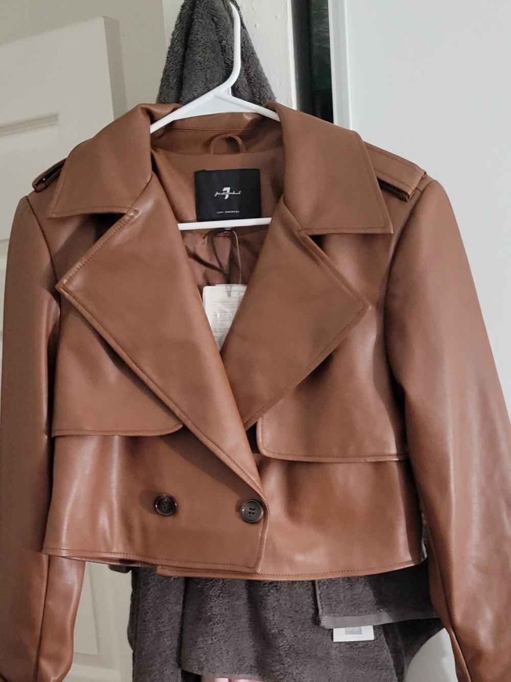 7 For All Mankind Cropped Leather Trench Jacket - Warm Brown